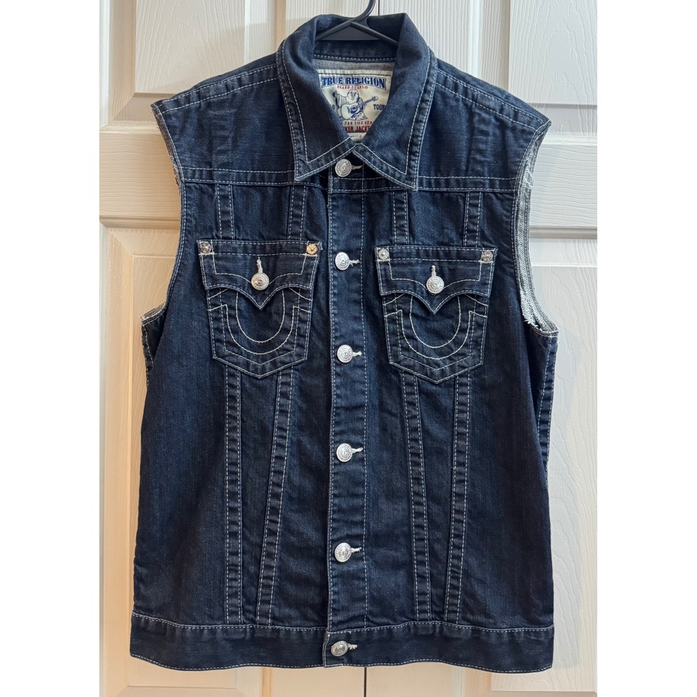 True Religion World Tour Denim Trucker Vest Dark Wash Horseshoe Pocket Y2K Biker